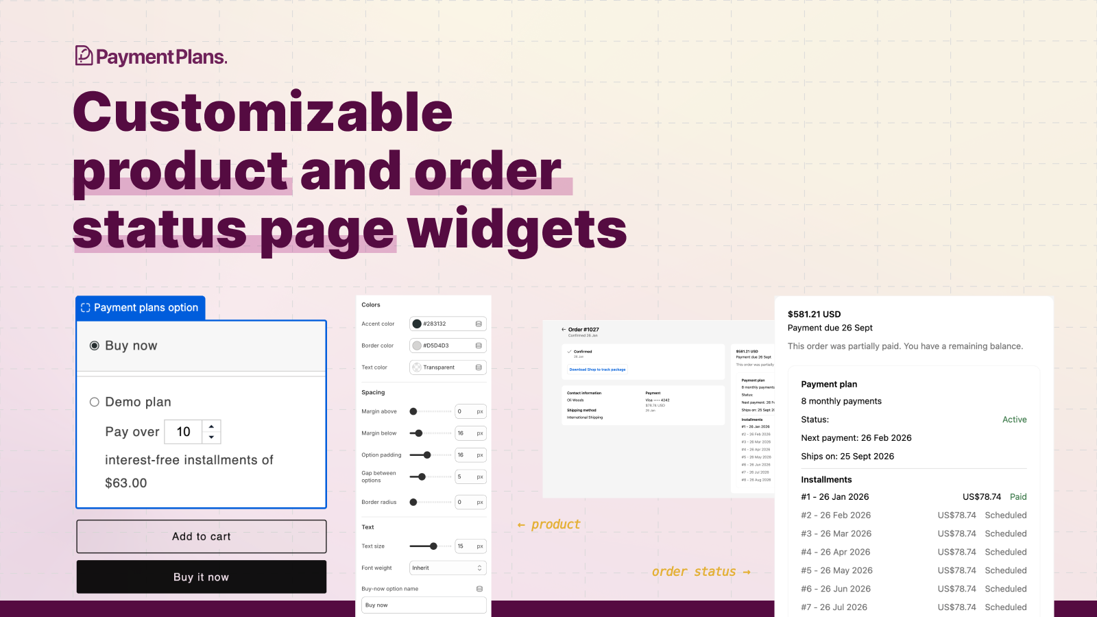Customizable product and order status widgets